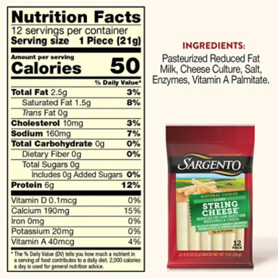 Sargento Light String Cheese Reduced Fat Low Moisture Part-Skim Mozzarella Cheese Snacks - 12 Count - Image 4