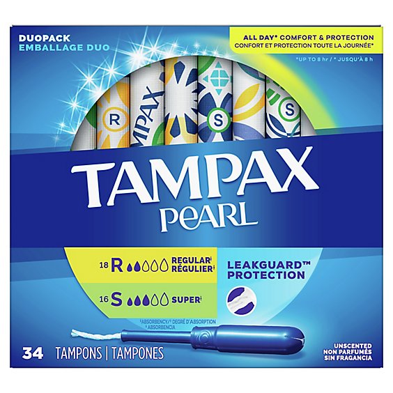 Tampax Pearl Unscented Duo Pack Tampons With LeakGuard Braid - 34 Count