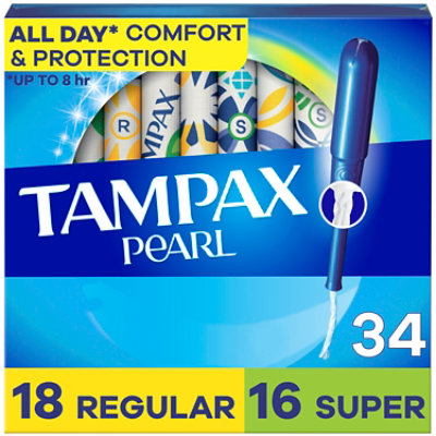 Tampax Pearl Tampons Duo Pack Regular/Super Absorbency Unscented - 34 Count