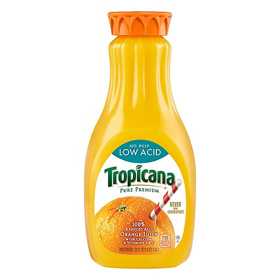 Tropicana Pure Premium Low Acid No Pulp 100% Orange Juice with Vitamins A and C Bottle - 52 Fl. Oz.