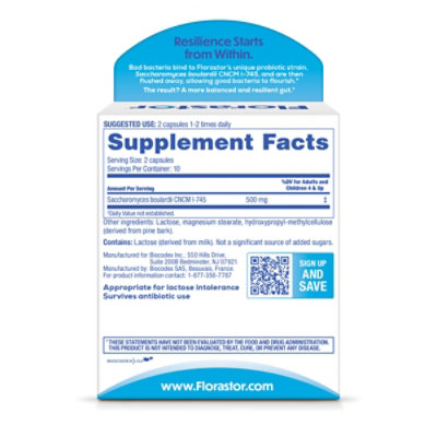 Florastor Daily Probiotic Supplement 250 mg Capsules - 20 Count - Image 2
