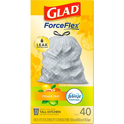 Glad Forceflex Citrus & Zest With Febreze Tall Kitchen Drawstring Trash Bags 13 Gallon - 40 Count - Image 1