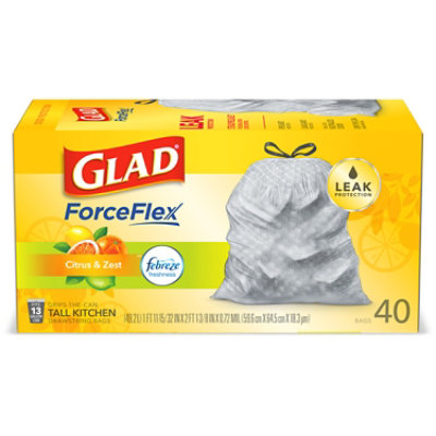 Glad Forceflex Citrus & Zest With Febreze Tall Kitchen Drawstring Trash Bags 13 Gallon - 40 Count