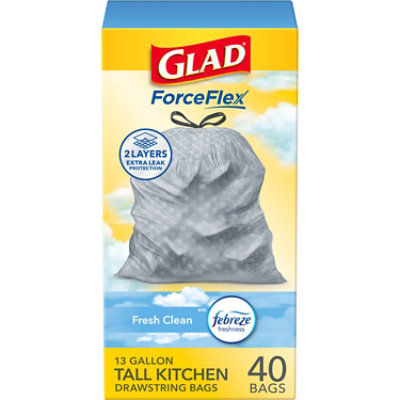 Glad ForceFlex Tall Kitchen Drawstring Trash Bags 13 Gallon Gain Fresh Clean with Febreze - 40 Count - Image 1