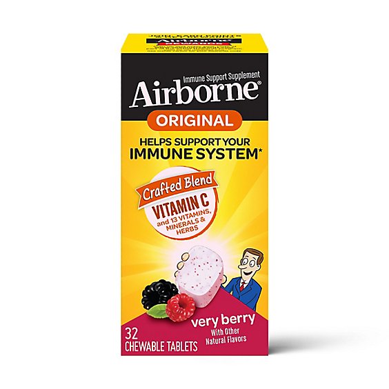 Airborne Immune Support Supplement Chewable Tablet 1000mg Vitamin C Very Berry - 32 Count