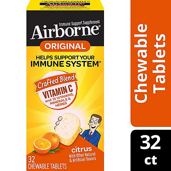 Airborne Immune Support Supplement Chewable Tablet 1000mg Vitamin C Citrus - 32 Count