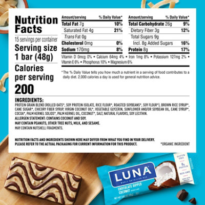 LUNA Chocolate Dipped Coconut Whole Nutrition Bar - 1.69 Oz - Image 4