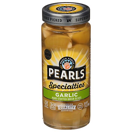 Musco Family Olive Co. Pearls Specialties Olives Queen Stuffed Garlic - 7 Oz - Image 1