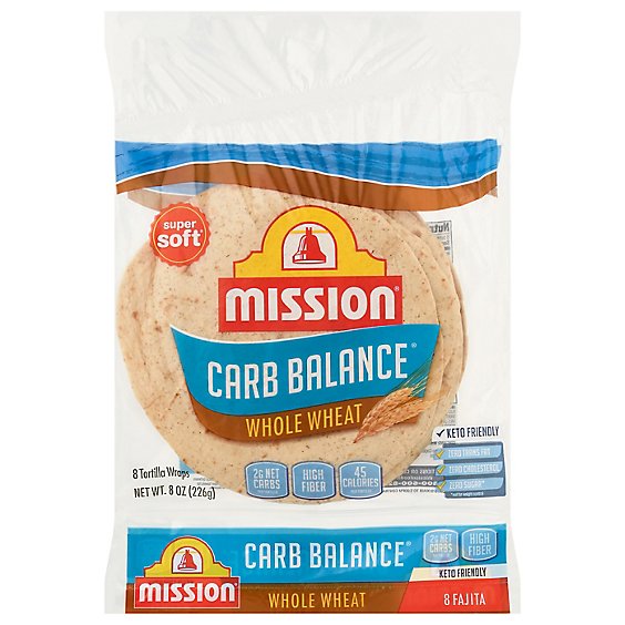 Mission Carb Balance Tortillas Whole Wheat Super Soft Fajita Bag 8 Count - 8 Oz