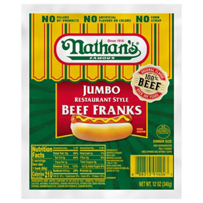 Nathan's Famous Restaurant Style Beef Hot Dogs - 12 Oz