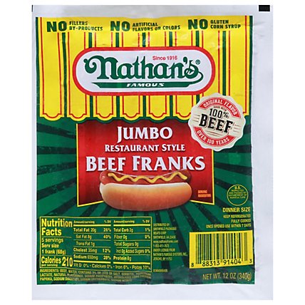 Nathan's Famous Jumbo Restaurant Style Beef Hot Dogs - 12 Oz - Image 1