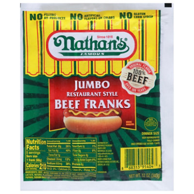 Nathans Famous Beef Franks Restaurant Style Jumbo Dinner Size - 12 Oz