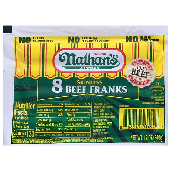 Nathan's Famous Skinless Beef Hot Dogs - 12 Oz