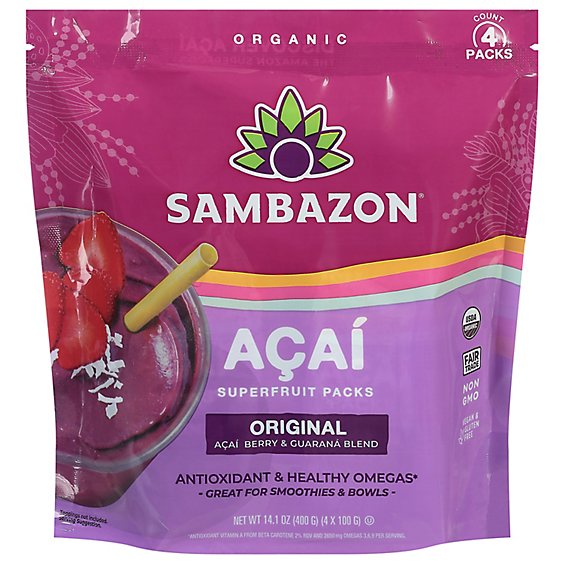 Sambazon Organic Superfruit Packs Orignal Blend Acai Berry + Guarana - 4-3.5 Oz