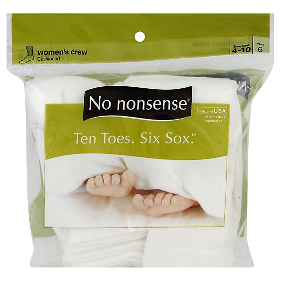 No nonsense Ten Toes Six Sox Socks Cushioned Womens Crew White Size 4-10 - 6 Count
