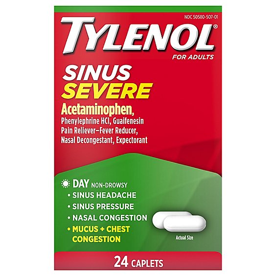 TYLENOL Pain Reliever/Fever Reducer Caplets Sinus Congestion & Severe Pain Daytime - 24 Count