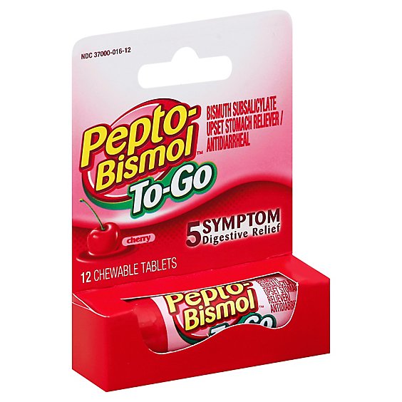 Pepto-Bismol Upset Stomach Reliever 5 Symptom Digestive Relief Chewables Cherry To-Go - 12 Count