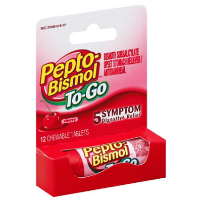 Pepto-Bismol Upset Stomach Reliever 5 Symptom Digestive Relief Chewables Cherry To-Go - 12 Count