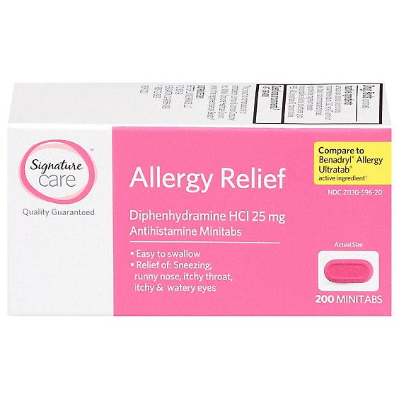 Signature Care Allergy Relief Diphenhydramine HCI 25mg Antihistamine Minitab - 200 Count