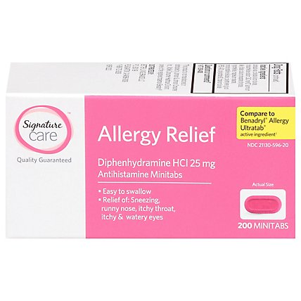 Signature Care Allergy Relief Diphenhydramine HCI 25mg Antihistamine Minitab - 200 Count - Image 1