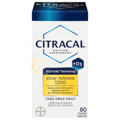 Citracal Calcium Supplement + D3 Slow Release 1200 Coated Caplets - 80 Count