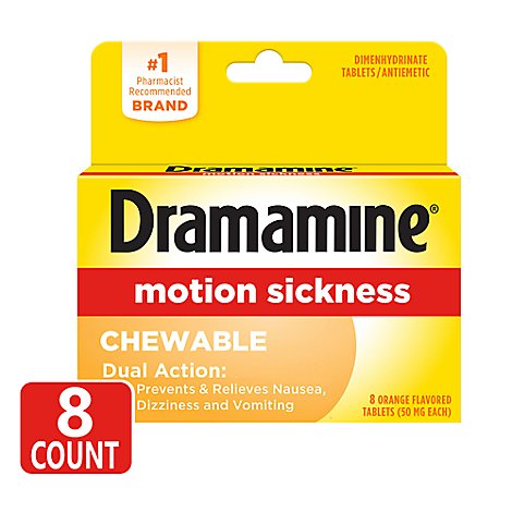 Dramamine Motion Sickness Relief 50mg Chewable Tablets Orange Flavored - 8 Count