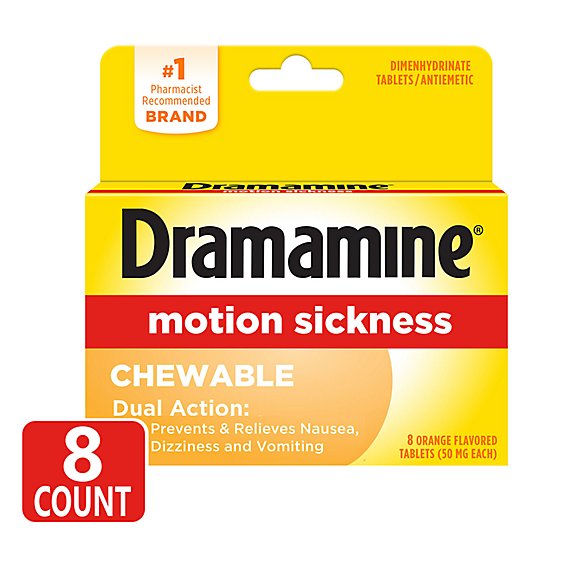 Dramamine Motion Sickness Relief 50mg Chewable Tablets Orange Flavored - 8 Count