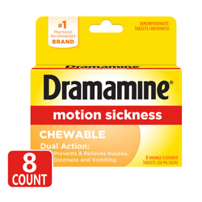 Dramamine Motion Sickness Relief 50mg Chewable Tablets Orange Flavored - 8 Count