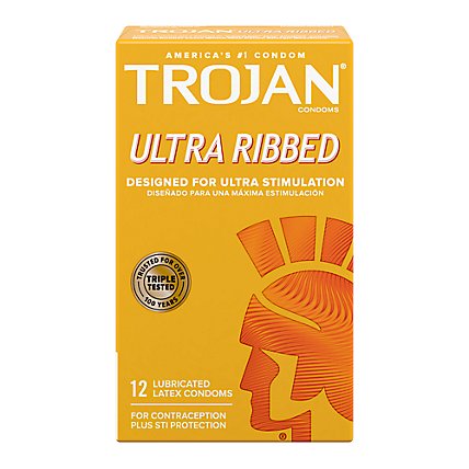Trojan Ultra Ribbed Premium Lubricated Condoms - 12 Count - Image 1