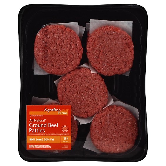 Signature Farms Beef Ground Beef Patties 80% Lean 20% Fat 10 Count - 2.5 Lb
