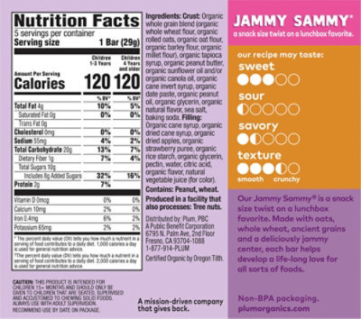 Plum Kids Jammy Sammy Organic Sandwich Bar Snack Size Strawberry Jam & Peanut Butter - 5-1.03 Oz - Image 5