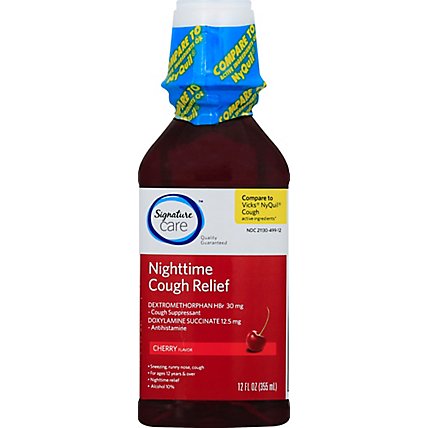 Signature Care Cough Relief Nighttime Antihistamine Cherry Flavor - 12 Fl. Oz. - Image 2