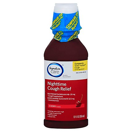 Signature Care Cough Relief Nighttime Antihistamine Cherry Flavor - 12 Fl. Oz. - Image 1