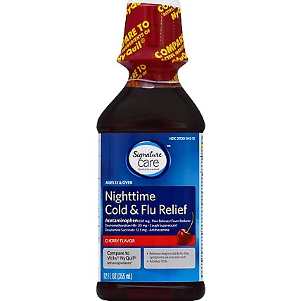 Signature Care Cold & Flu Relief Nighttime Acetaminophen 650mg Cherry - 12 Fl. Oz. - Image 2