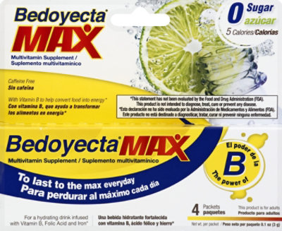 Bedoyecta Max Multivitamin Sugar & Caffeine Free Lemon Lime Flavor - 4 Package