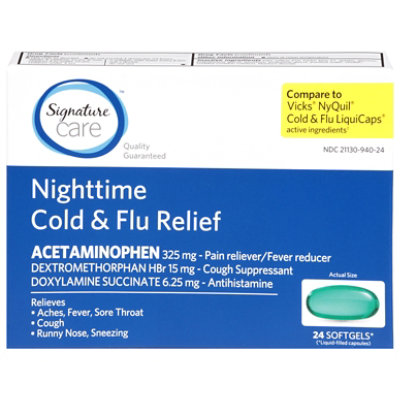 Signature Care Cold & Flu Relief Nighttime Acetaminophen 325mg Softgel - 24 Count