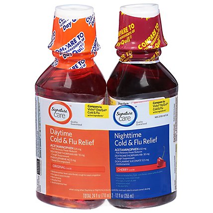 Signature Care Cold & Flu Relief Daytime & Nighttime Pack Cherry Flavor - 2-12 Fl. Oz. - Image 2