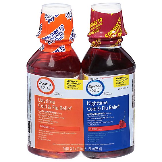Signature Care Cold & Flu Relief Daytime & Nighttime Pack Cherry Flavor - 2-12 Fl. Oz.