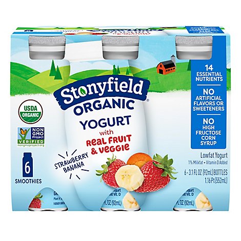Stonyfield Organic Strawberry Banana Lowfat Yogurt Smoothies - 6-3.1 Oz