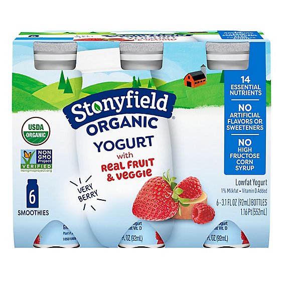 Stonyfield Organic Kids Yogurt Smoothie Lowfat Very Berry - 6-3.1 Fl. Oz.