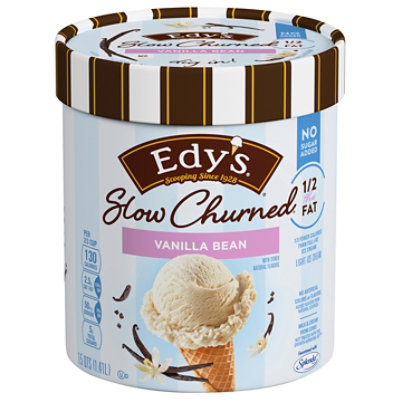 A one and a half quart container of Dreyer's vanilla ice cream