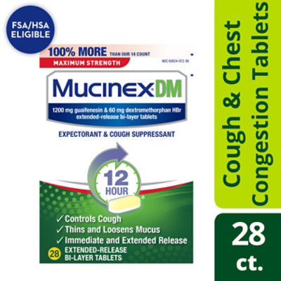 Mucinex DM Expectorant & Cough Suppressant Maximum Strength 12 Hours Relief Tablets - 28 Count