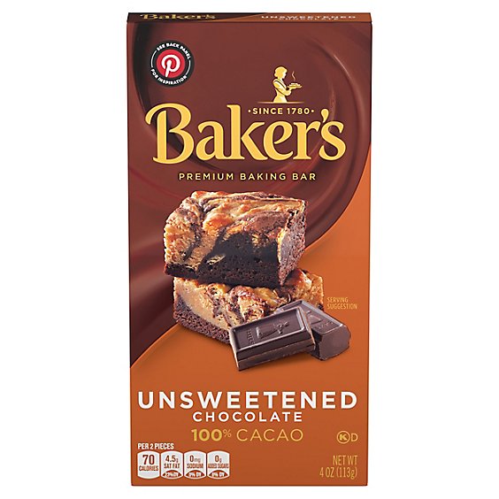 Bakers Baking Chocolate Bar Unsweetened 100% Cacao - 4 Oz
