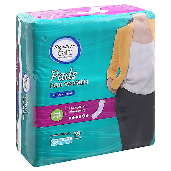 Signature Care Maximum Absorbency Long Length Bladder Control Pads For Women - 39 Count