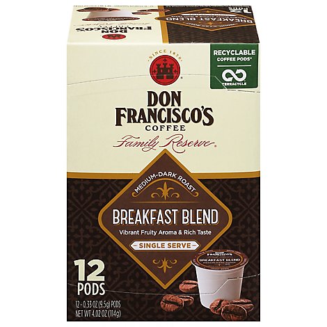 Don Franciscos Coffee Family Reserve Coffee Single Serve Medium-Dark Breakfast Blend - 12-0.33 Oz