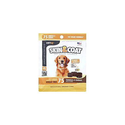 VetIQ Dog Treats Skin Coat Maximum Strength Soft Chews Chicken Flavored Pouch - 75 Count - Image 1