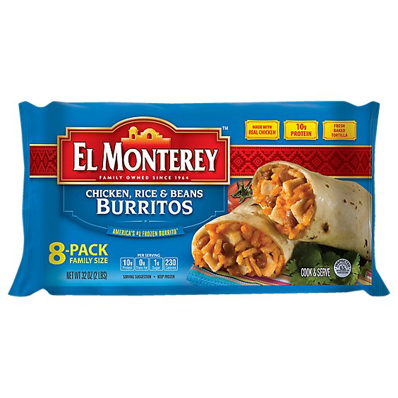 El Monterey Frozen Mexican Burritos Chicken Rice & Beans Family Size 8 Count - 32 Oz