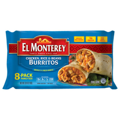 El Monterey Frozen Mexican Burritos Chicken Rice & Beans Family Size 8 Count - 32 Oz