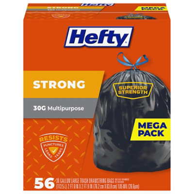 Hefty Trash Bags Drawstring Extra Strong Multipurpose Large 30 Gallon Mega Pack - 56 Count - Image 1