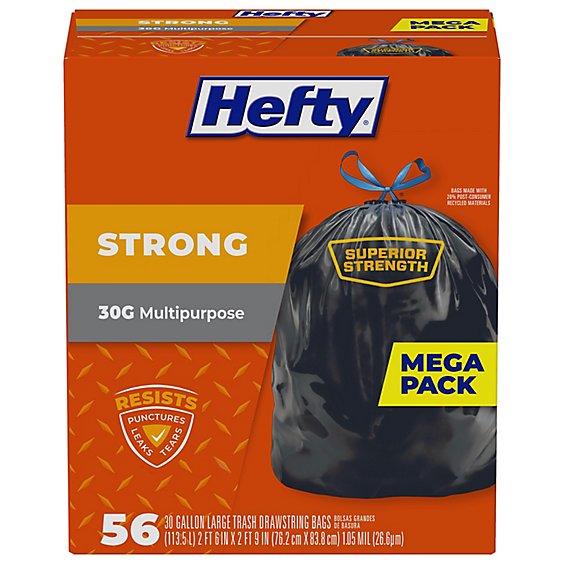 Hefty Trash Bags Drawstring Extra Strong Multipurpose Large 30 Gallon Mega Pack - 56 Count